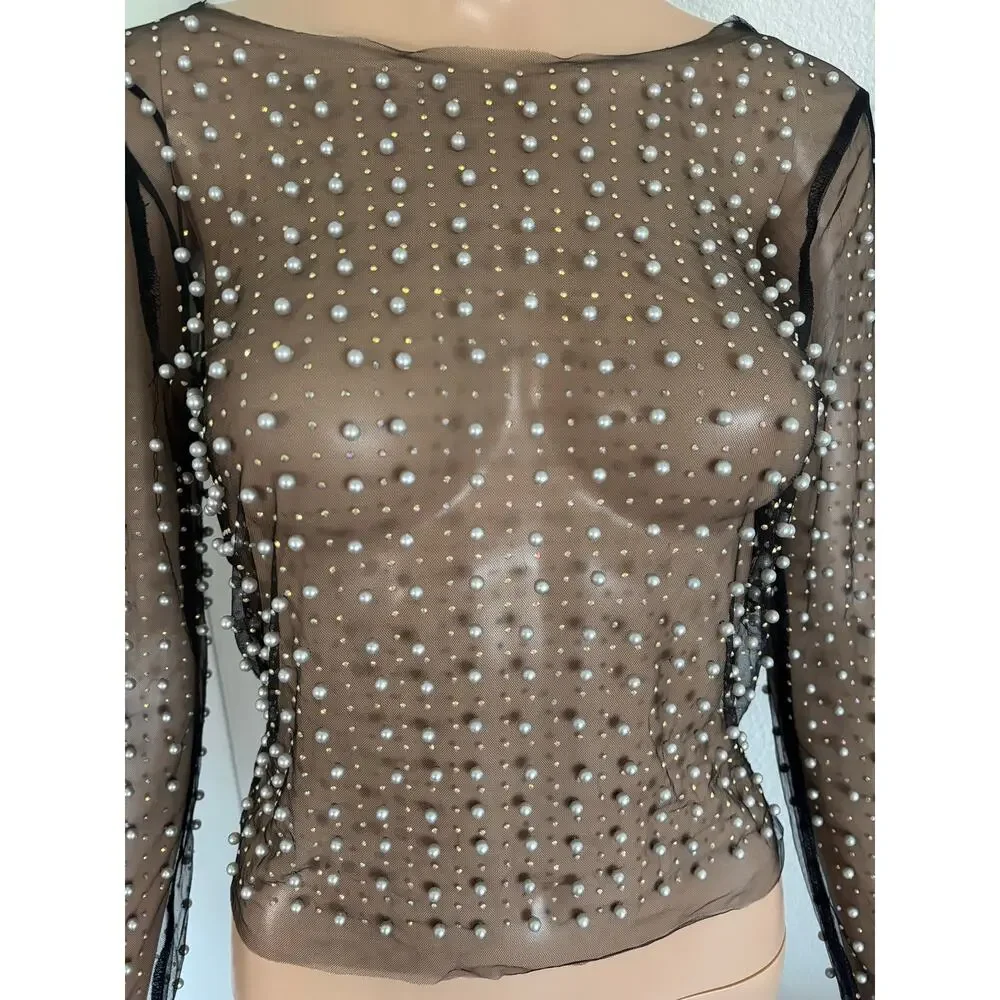 Haute Monde Black Pearl Beaded Mesh Sheer Long Sleeves Top S Coquette Glam NWT